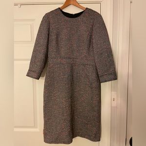 J. Crew tweed dress. Black with bright orange/pink thread running through it.